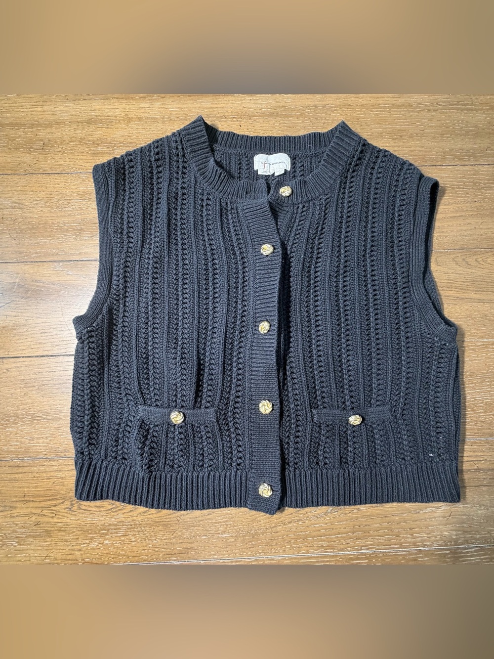 Anthropologie Black Sleeveless Cable-Knit Cardigan Vest with Gold Buttons size S